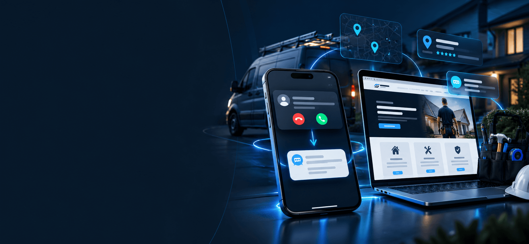 A phone texting back a missed call beside a laptop showing a trade website, with a work van and house at night