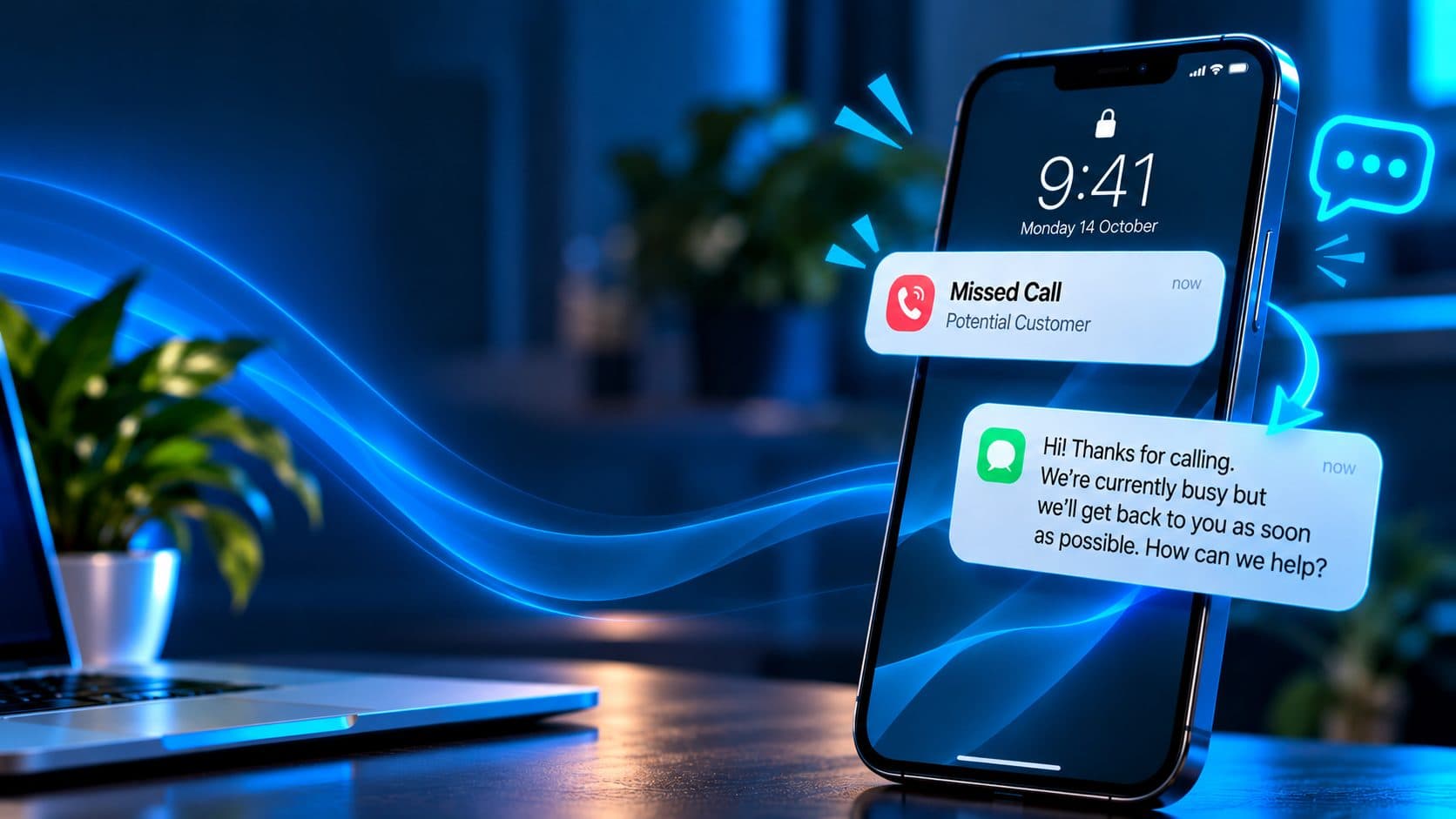 A phone showing a missed call from a potential customer, followed by an automatic text reply